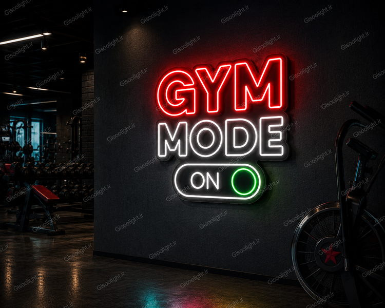 تابلو نئون انگلیسی فیتنس و باشگاه متن gym mode